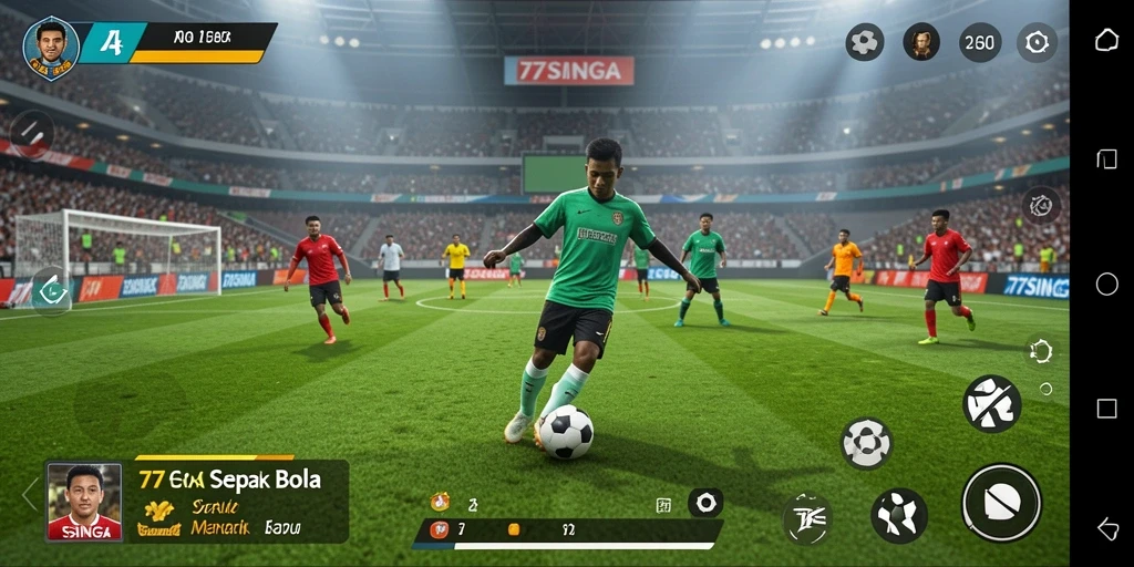Screenshot gameplay 77SINGA menampilkan aksi sepak bola yang mendebarkan.