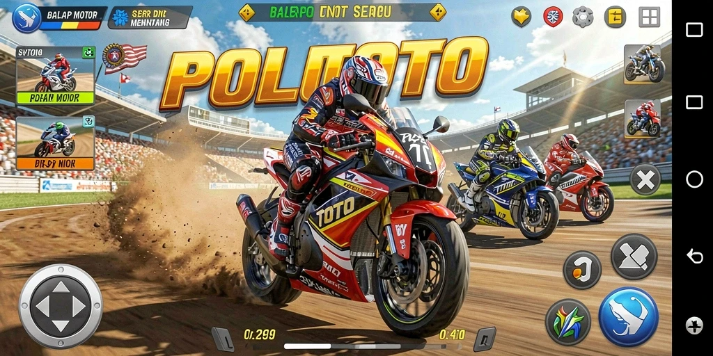 Screenshot POLOTOTO menampilkan aksi balapan motor yang mendebarkan.
